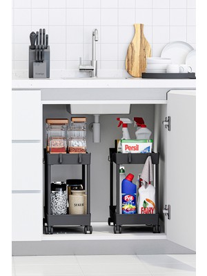 Urlove 2 Adet Siyah 2 Katlı Tekerlekli Düzenleyici Mutfak ve Banyo Rafı