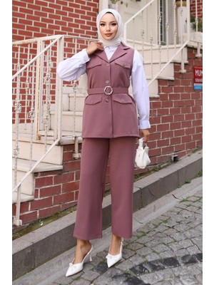 Missvalle Süs Cep Detaylı Yelekli Takım Gül Kurusu 19249