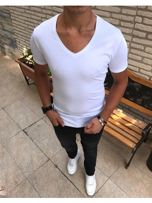 İtalyan stil V yaka kısa kol basic t-shirt Beyaz T4632