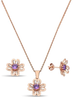 Argentum Concept 925 Ayar Gümüş Mor Taşlı Rose Çiçek Set - 67019002