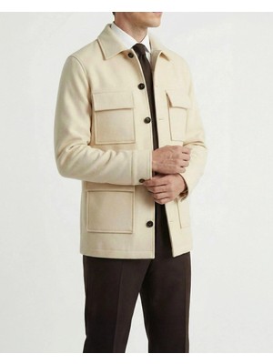 Italyan Stil Slim Fit Kaşe Erkek Mont Bej T13527