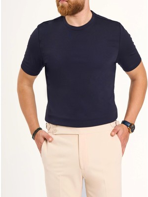 İtalyan stil slim fit bisiklet yaka triko tişört lacivert T13766