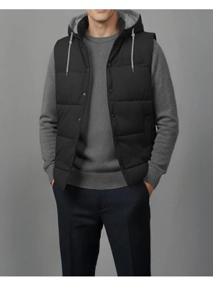 Italyan Stil Slim Fit Kapüşonlu Kapitone Erkek Şişme Yelek Siyah T14723