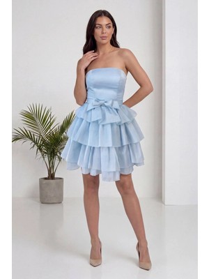thezkscom Kadın Straplez Fiyonk Detaylı Fırfırlı Mini Elbise Bebe Mavi, Beyaz, Pudra, Siyah, Fuşya