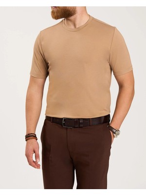 İtalyan stil slim fit bisiklet yaka triko tişört bej T13760