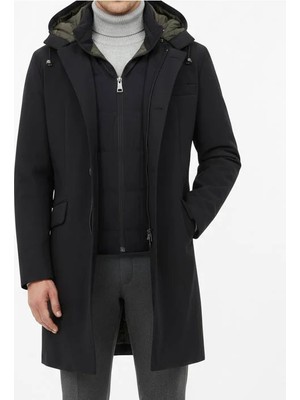 Italyan Stil Slim Fit Erkek Kapüşonlü Uzun Mont Siyah T13085