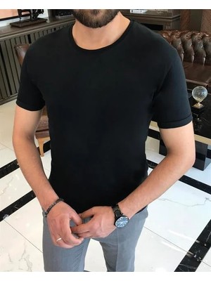 İtalyan stil slim fit bisiklet yaka triko tişört siyah T12034