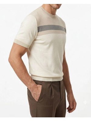 İtalyan stil slim fit bisiklet yaka triko tişört vizon T14421