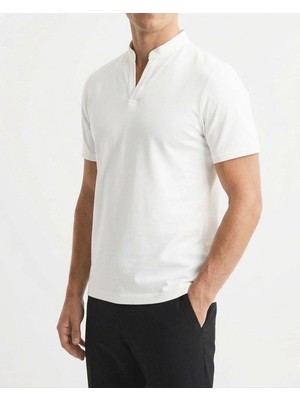 İtalyan stil slim fit erkek polo V yaka kısa kollu triko tişört beyaz T20045-07