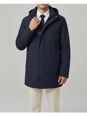Italyan Stil Slim Fit Gizli Kapüşonlu Erkek Deri Mont Lacivert T15116