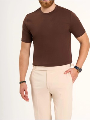 İtalyan stil slim fit bisiklet yaka triko tişört kahverengi T13770