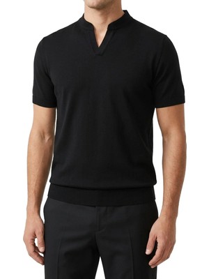 İtalyan stil slim fit erkek polo V yaka kısa kollu triko tişört siyah T20045-01