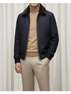 Italyan Stil Slim Fit Fermuarlı Kürk Yaka Deri Şeritli Mont Lacivert T14989