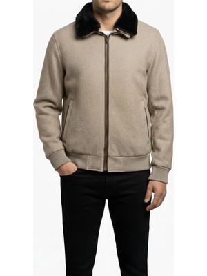 Italyan Stil Slim Fit Fermuarlı Kürk Yaka Deri Şeritli Mont Bej T15114