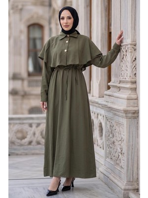 Hafsa Mina Pelerinli Modal Elbise Haki HM2910