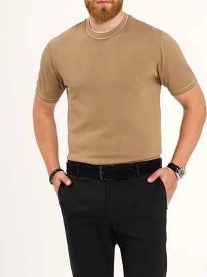 İtalyan stil slim fit bisiklet yaka triko tişört taba T13762