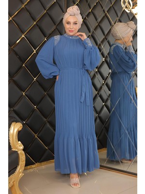 Missvalle Pileli Taşlı Şifon Abiye Indigo 19154