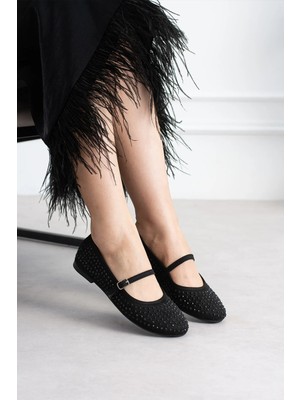 Shoetek Kwa Kadın Babet Önden Bantlı Taşlı Siyah Süet