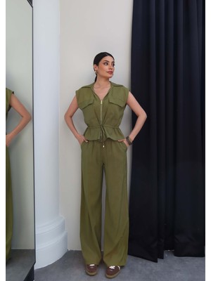 Esra Helvacı Bel Büzgülü Yelek Pantolon Takım