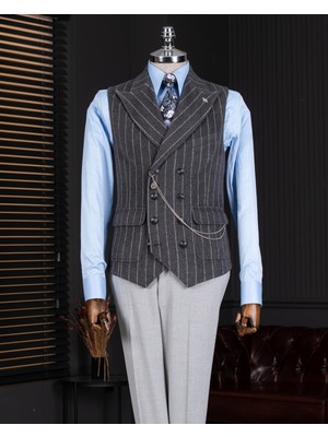 Italyan Stil Slim Fit Erkek Kruvaze Çizgili Kaşe Cepken Yelek Antrasit T20015-08