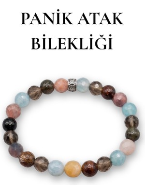 MMİF Panik Atak ve Stres Destekli Mavi Akik, Lepidolit, Dumanlı Kuvars, Flogopit  Alpaka Detaylı Unisex Bileklik Mmif