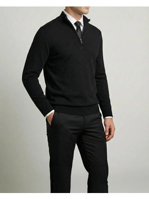 Italyan Stil Slim Fit Erkek Yarım Boğazlı Fermuarlı Triko Kazak Siyah T13109