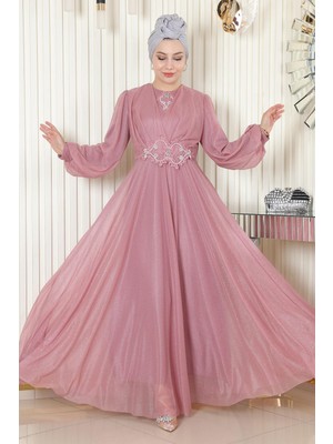 Missvalle Inci Detaylı Drapeli Simli Abiye Gül Kurusu 19189