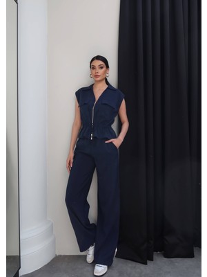 Esra Helvacı Bel Büzgülü Yelek Pantolon Takım