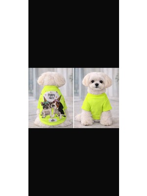 Puppy Party Fosfor Sarı Raşel Kumaş Sevimli Baskılı Köpek Kıyafeti.
