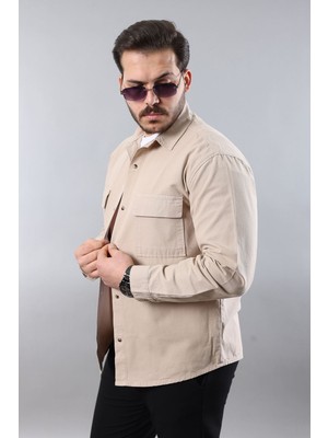 Little Cup Jeans Co Erkek Relax Fıt Kalıp Pamuklu Bej Kot Gömlek