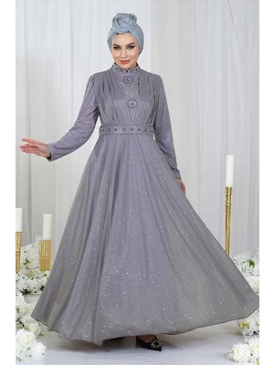 Missvalle Taş Detaylı Göğsü Drapeli Simli Abiye Lila 19188