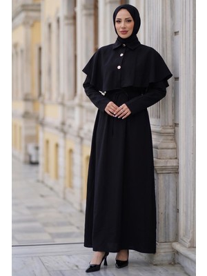Hafsa Mina Pelerinli Modal Elbise Siyah HM2910
