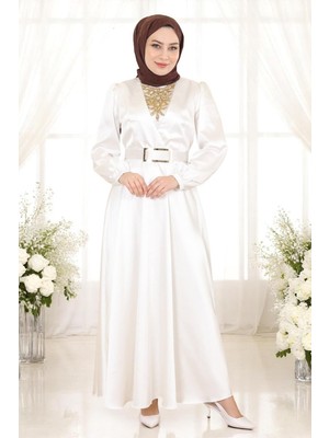 Missvalle Taş Detaylı Saten Abiye Beyaz 19901