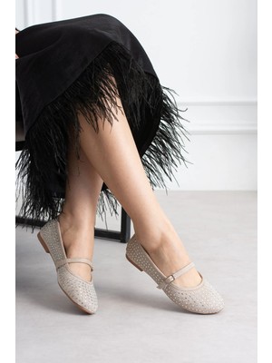 Shoetek Kwa Kadın Babet Önden Bantlı Taşlı Bej Süet