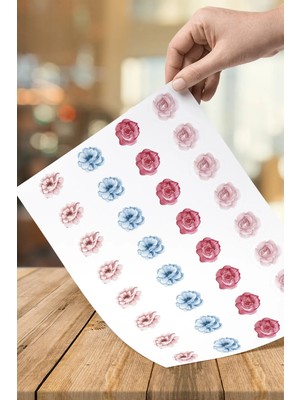 32 Adet 3,2 cm Klasik Yuvarlak Kesim Gül Pembe Mavi Suluboya Yaprakları Sticker Etiket Çıkartma