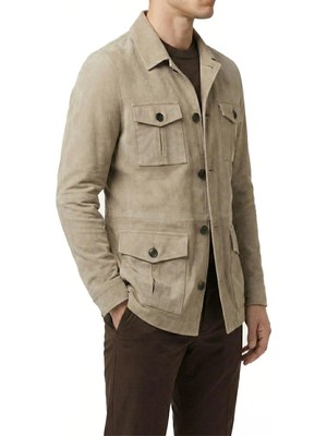 Itayan Stil Slim Fit Düğmeli Orijinal Süet Deri Mont Bej T11681