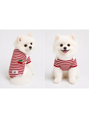 Puppy Party Penye Pamuklu Kırmızı Çizgili Kiraz ve Cep Detaylı  Köpek Üstü.