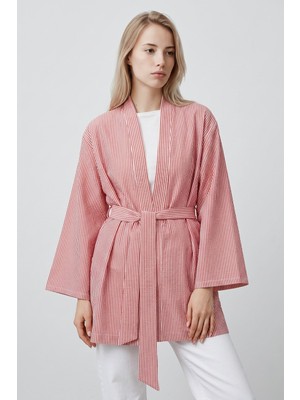 Saade Kırmızı Kadın Dikey Çizgili Geniş Kollu Şık Yazlık Relaxed Kimono