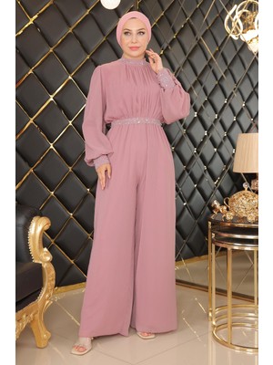 Missvalle Taş Detaylı Şifon Tulum Abiye Gül Kurusu MSW19153-3