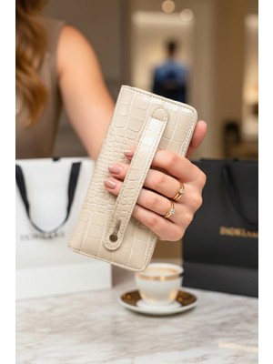 Vanilla Collection Telefon Bölmeli Timsah Desenli Fermuarlı Kadın Cüzdanı Bej Vegan Deri