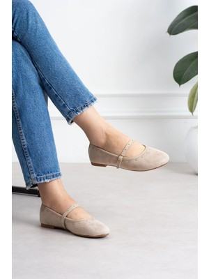 Shoetek Hawsa Kadın Babet Pimli Önden Bantlı Tokalı Bej Süet