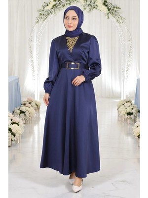 Missvalle Taş Detaylı Saten Abiye Indigo 19901
