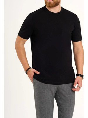 İtalyan stil slim fit bisiklet yaka triko tişört siyah T13763