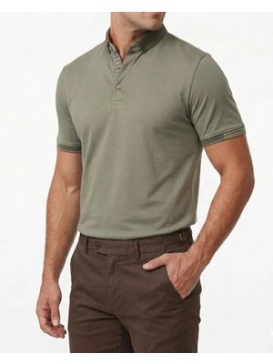 İtalyan stil slim fit polo yaka triko tişört haki T13782