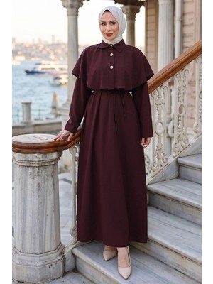 Hafsa Mina Pelerinli Modal Elbise Bordo HM2910