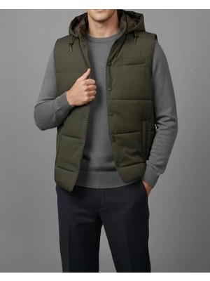 Italyan Stil Slim Fit Kapüşonlu Kapitone Erkek Şişme Yelek Yeşil T14724