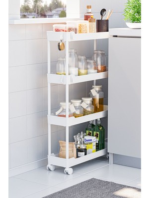 Urlove Beyaz 4 Katlı Tekerlekli Dar Düzenleyici Mutfak ve Banyo Rafı Vesken