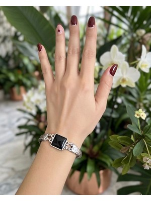 Vintage Takı Antik Gümüş Kaplama Siyah Kare Taşlı Kelepçe Bileklik  Baget Kesim Siyah Taşlı Modern Bileklik