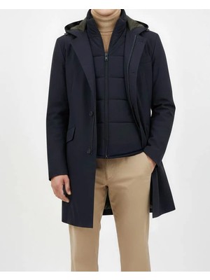 Italyan Stil Slim Fit Erkek Kapüşonlü Uzun Mont Lacivert T13087