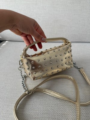 Melecco Kot Jean Zincir Askılı Kadın Çanta Zımba Detaylı Mini Omuz Çantası Şık Küçük Boy Günlük Çanta Siyah Beyaz Gold